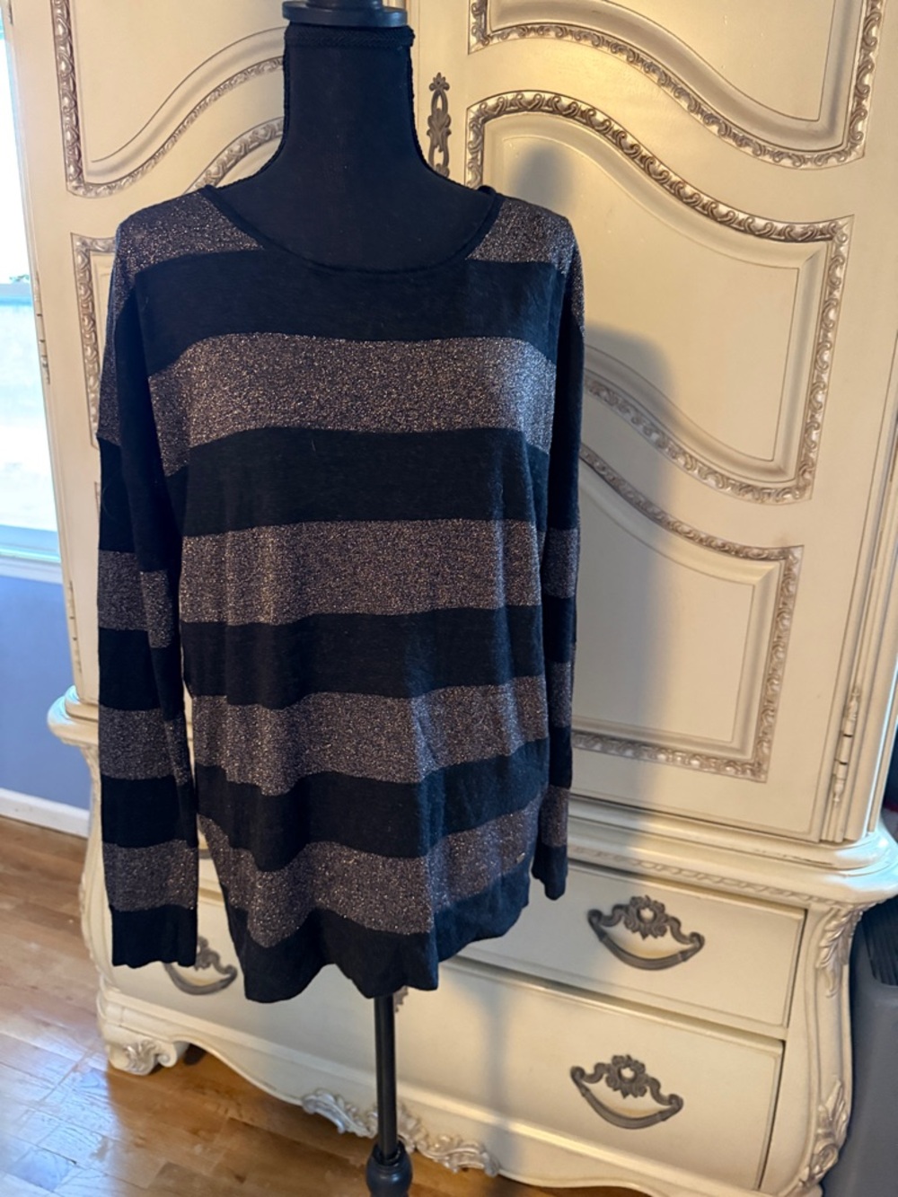 Guess Black and Gold Metallic Striped Crew Neck Sweater